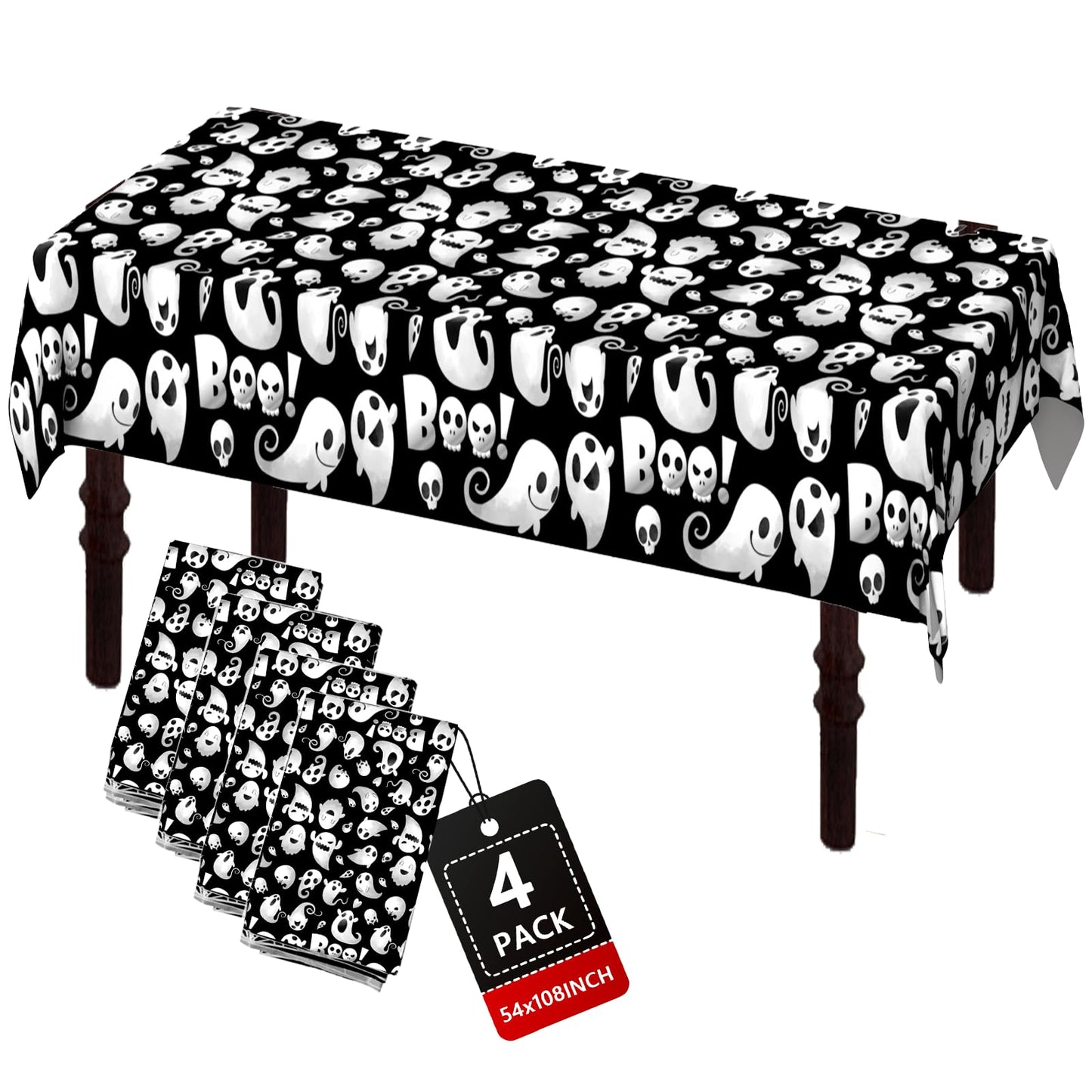 ATFUNSHOP Halloween Tablecloth Plastic 4PACKS 54 X 108 Rectangular Ghost Disposable Table Cover Waterproof Spillproof Table Clot