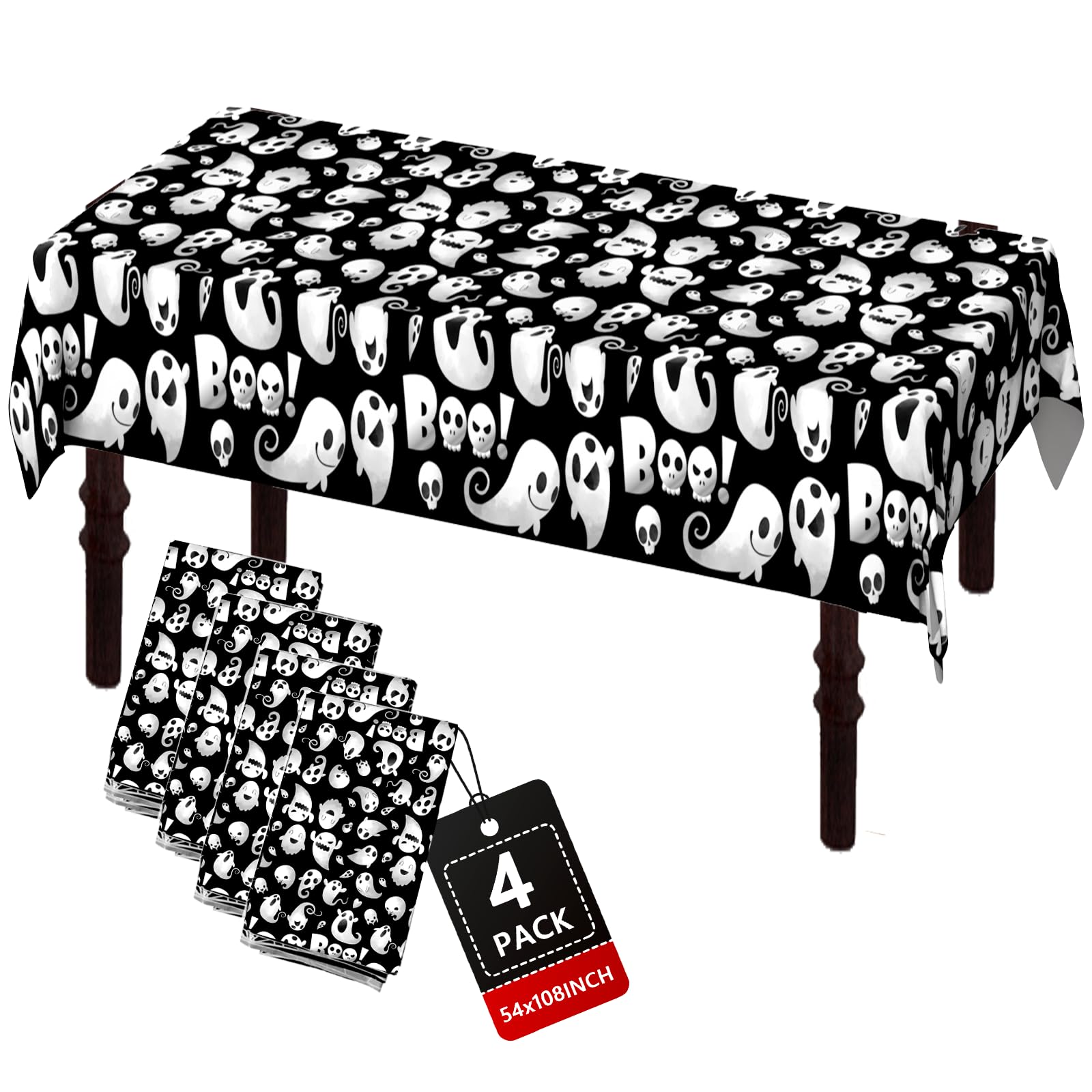 ATFUNSHOP Halloween Tablecloth Plastic 4PACKS 54 X 108 Rectangular Ghost Disposable Table Cover Waterproof Spillproof Table Clot
