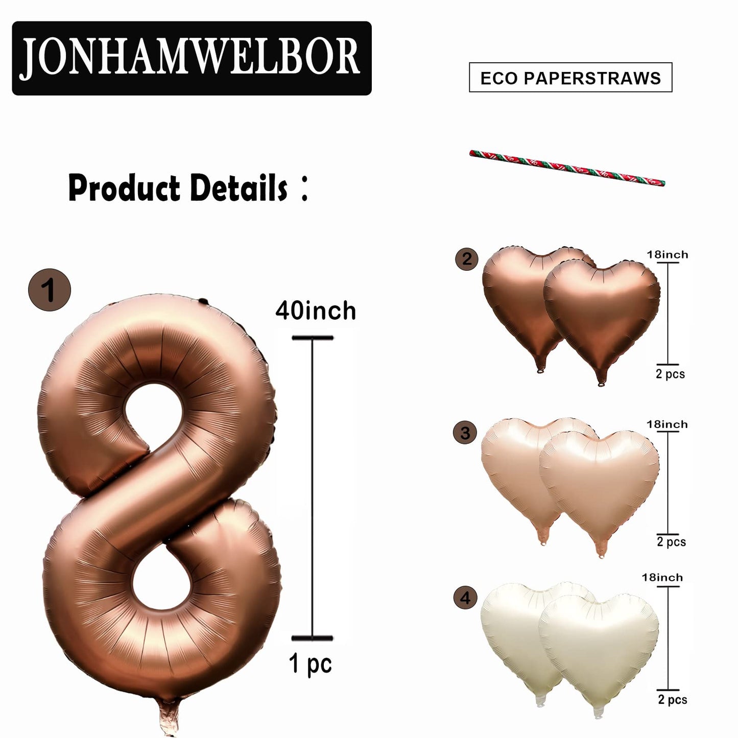 Jonhamwelbor 40 Inch Number 8 Balloon Large Big Mylar Foil Number Helium Balloon With Heart Balloons For Girl Boy 8Th Year Old B