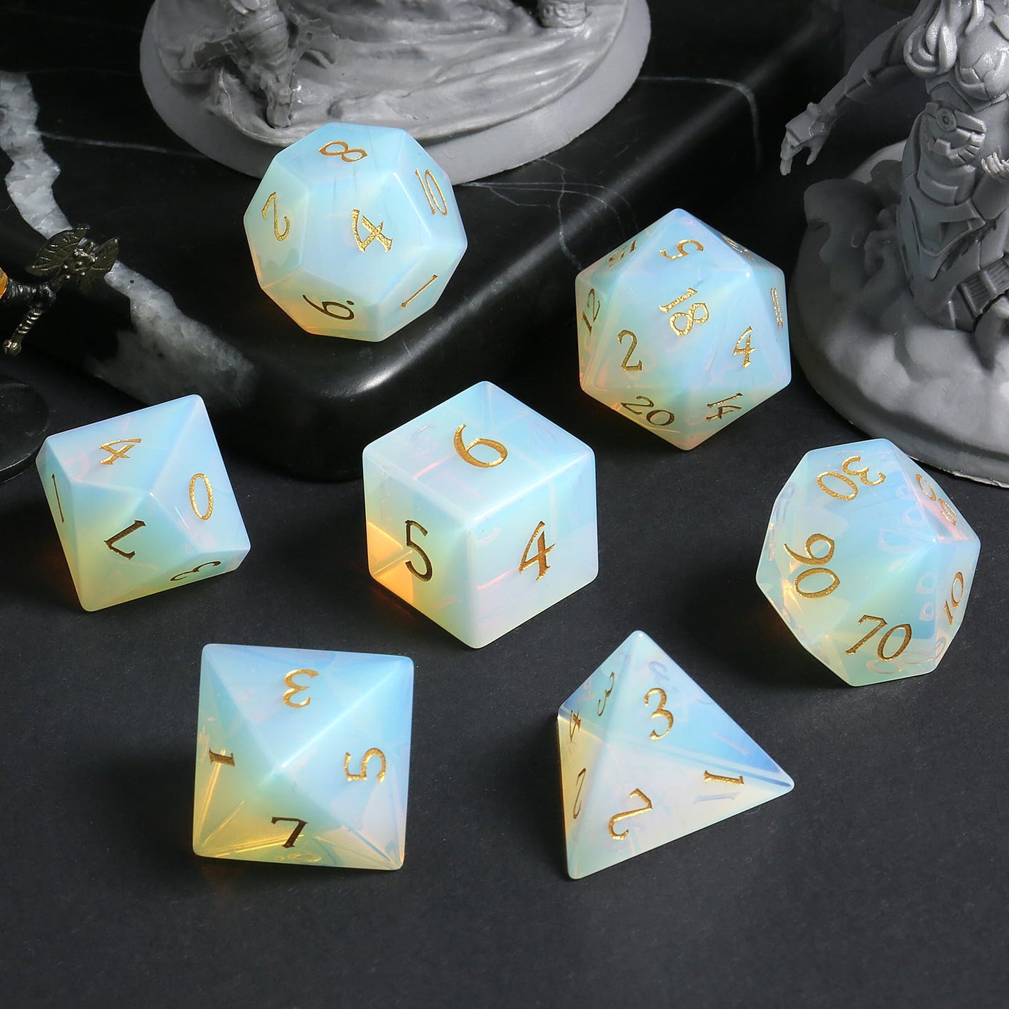 DNDND Opal Stone DND Dice Set 7PCS Gemstone D&D Die with Grogeous Gift Case for D&D Tabletop Game (Opal)