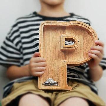Piggy Bank For Kids Boys Girls, Large Personalized Wooden Letter Piggy Bank With Cut-Out Design, Alphabet Letter Coin Banks, Money Savings Box, Wooden Bank For Kids Creative Gift For Real-Money(P)