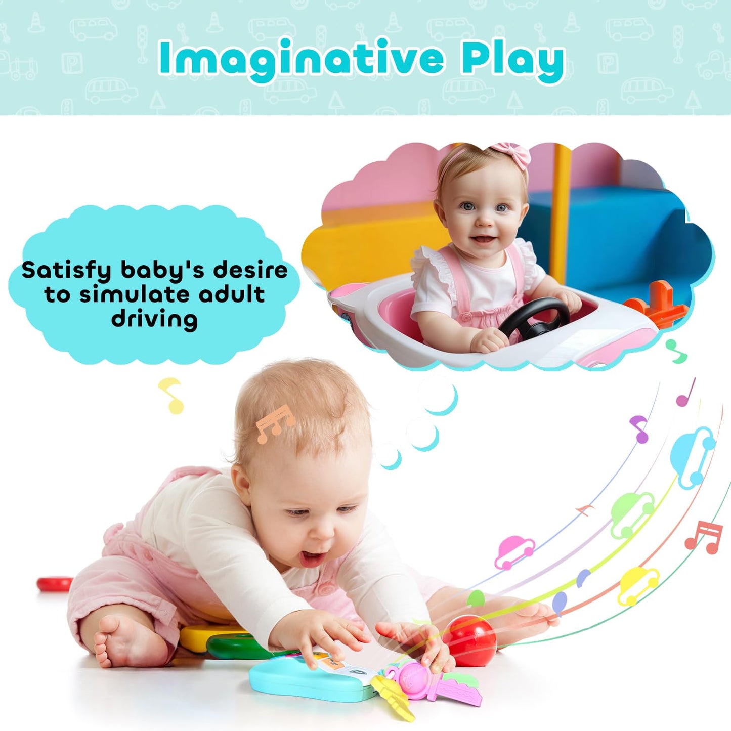 Momuse Baby Teething Relief Toys For 6-12 Months, Baby Teether Keys Car Musical Toy For 6 9 12 18 36 Months, Food Grade Silicone