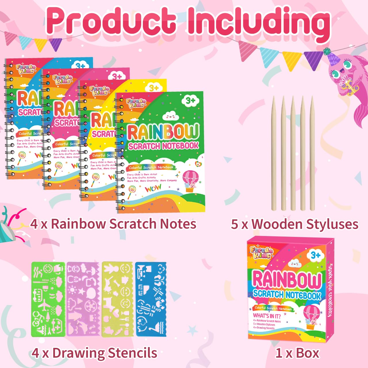 FEREDO KIDS Party Favors for Kids: 4 Pack Rainbow Scratch Art Notebook Students Classroom Gifts Bulk for Girls Boys Goodie Bags