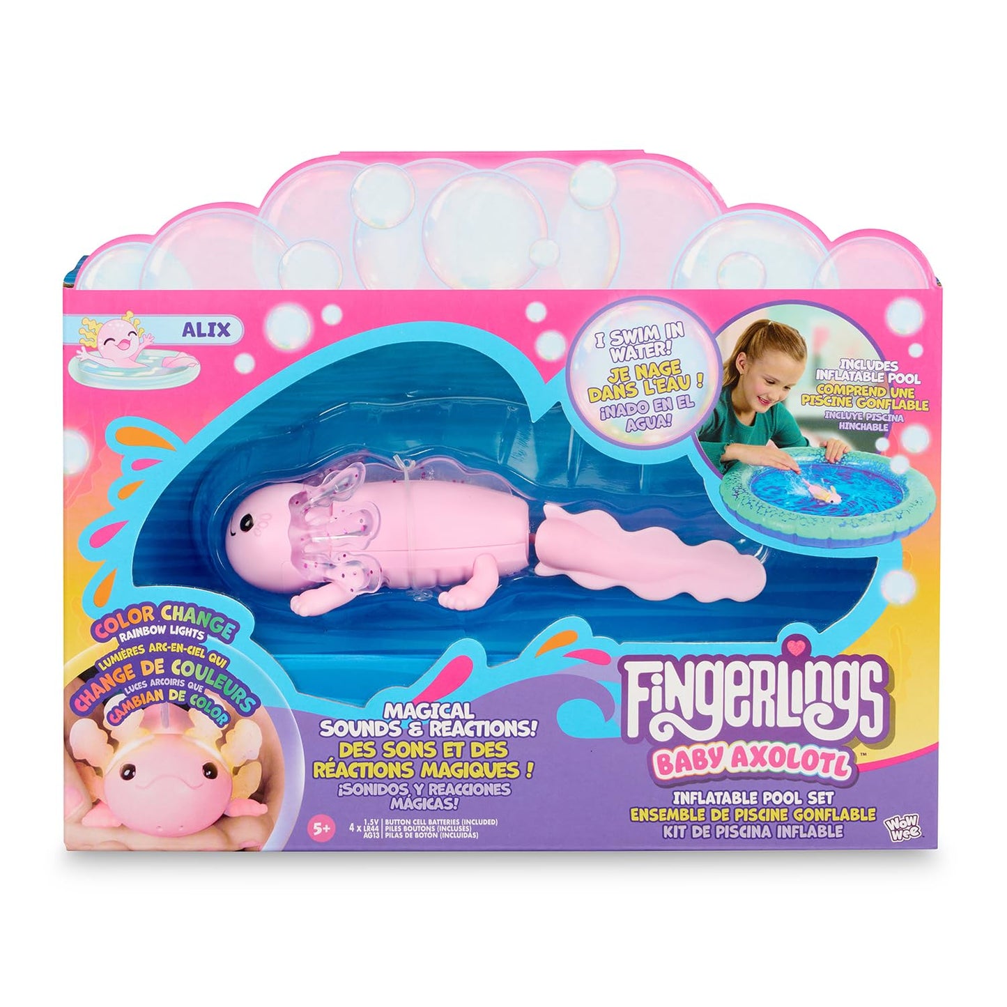 Fingerlings Interactive Baby Axolotl with Inflatable Pool, Alix, Swims and Lights Up in Water, Rainbow Lights Tell Your Mood (Ag