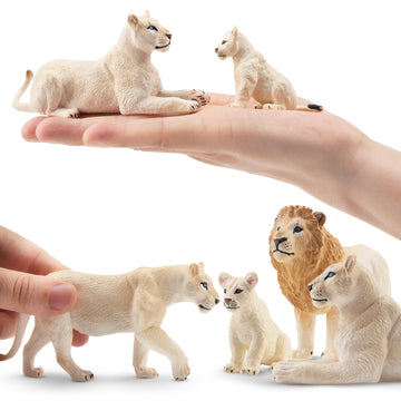Toymany 6Pcs White Lion Figurines With Lion Cubs, 2-5'' Jungle Animals Figures Realistic Family Set Includes Baby Lions, Educati