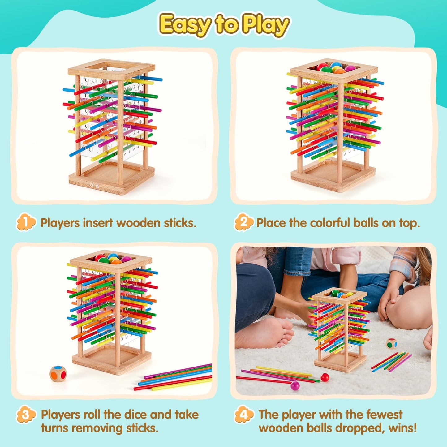 Montessori Game Wooden Board Game, 48 Colorful Sticks Dice Game For 3 4 5 6 Year Old, Kerplunk Game For Kids Math Educational To