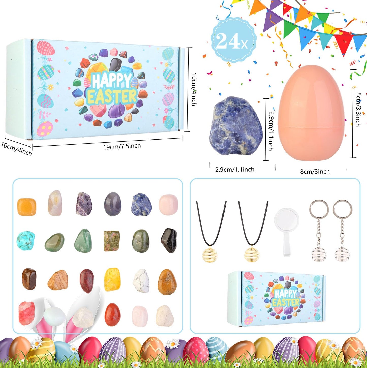 24 Pack Filled Easter Eggs Fillers Set - Easter Basket Fillers for Teens, Not Prefilled Easter Eggs with Natural Crystals & Rock