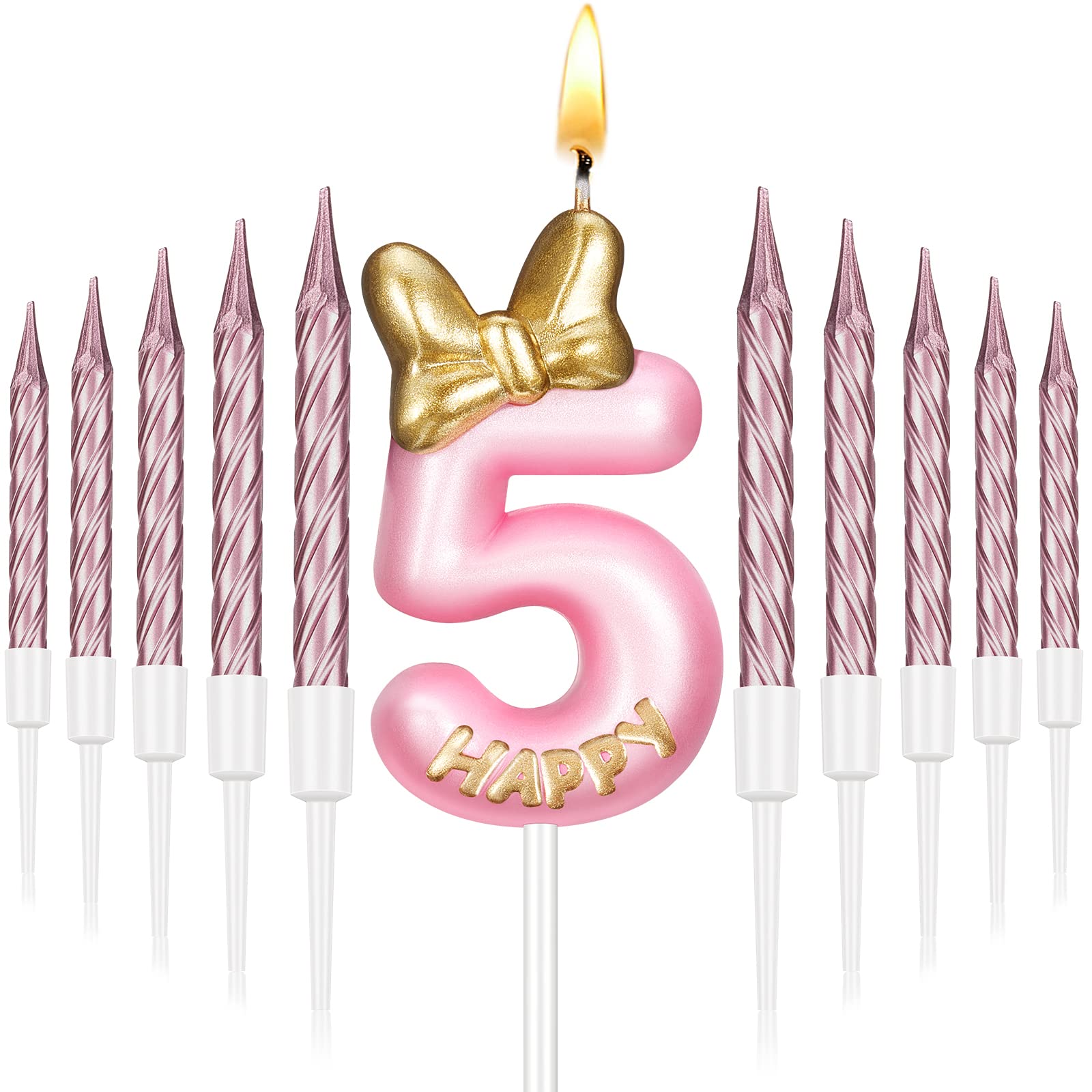 BBTO Number 5 Birthday Candle Pink Birthday Candle Girl with 10 Pieces Pink Candles Long Thin Cupcake Candles in Holders for Cak