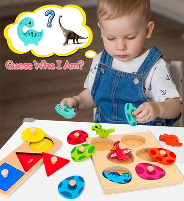 Sierliky Wooden Peg Puzzle For Toddlers,Montessori Toys For Kids,Wooden Learning Color Sorting Shape Puzzles For Boys Girls, Dinosaur Match Eggs Developmental Sensory Matching Games
