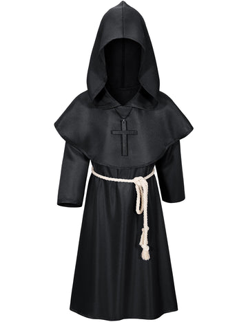 Kids Medieval Renaissance Monk Costume Priest Friar Wizard Cloak Hooded Robe Cosplay Costume Belt Necklace Set(BK 130)
