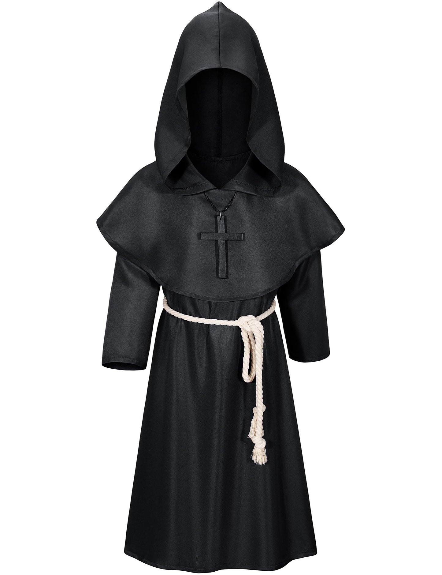 Kids Medieval Renaissance Monk Costume Priest Friar Wizard Cloak Hooded Robe Cosplay Costume Belt Necklace Set(Bk 150)