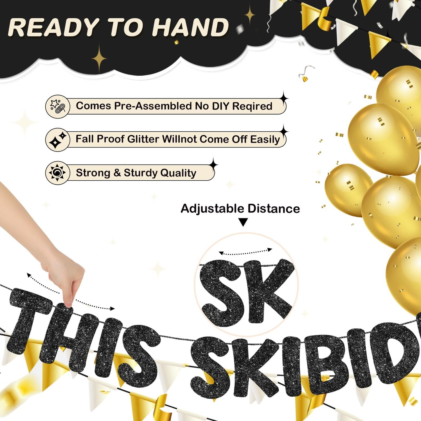 Fulmoon Pre Strung This Skibidi Rizzler Is 9 No Cap Glitter Banner 9th Birthday Party Decorations, Funny Birthday Sign, Party Su