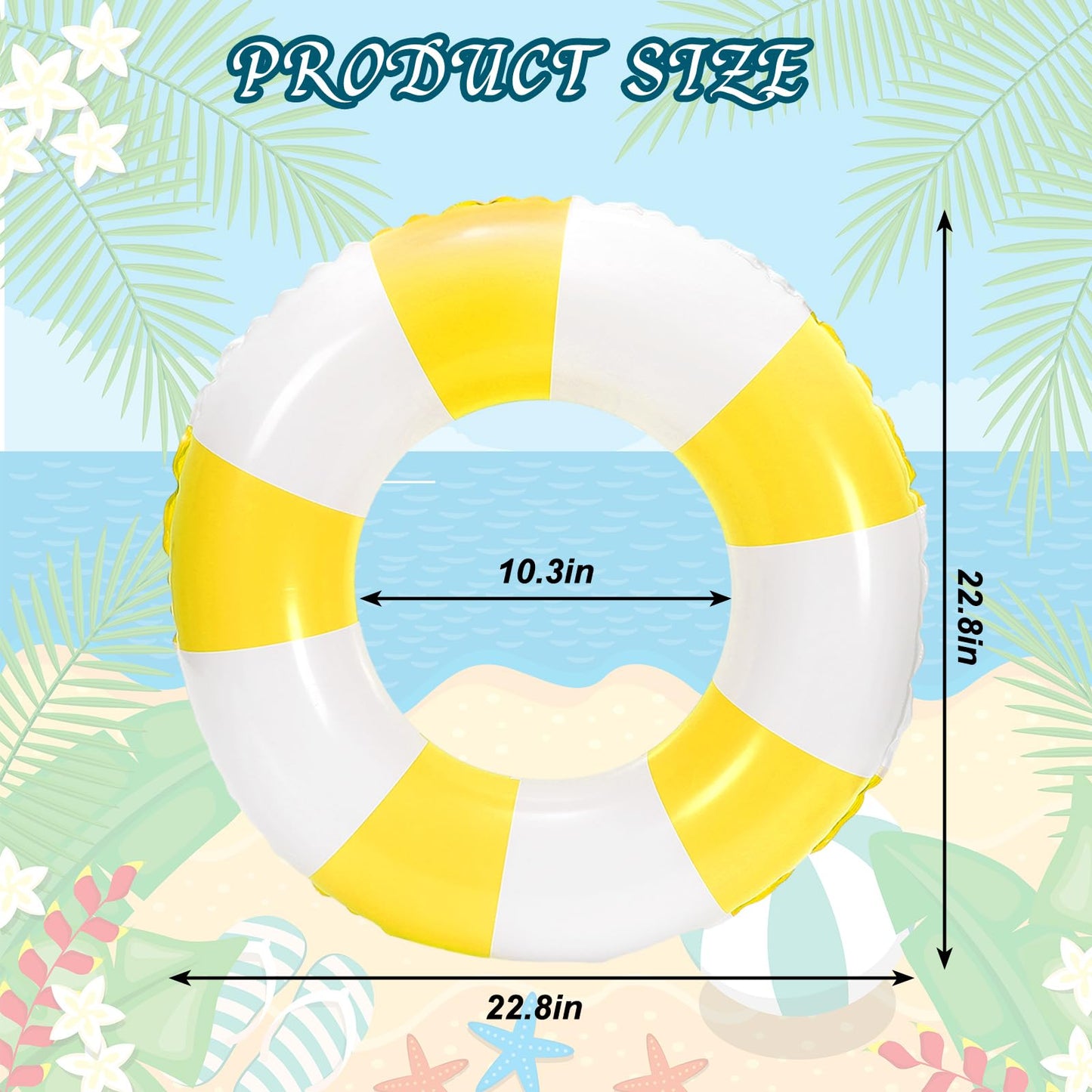 Whaline 4Pcs White Yellow Inflatable Swimming Float Toy Striped Swim Ring Fun Print Pool Lounger Tube for Teen Boy Girl Summer Swimming Beach Party  22.8 Inch