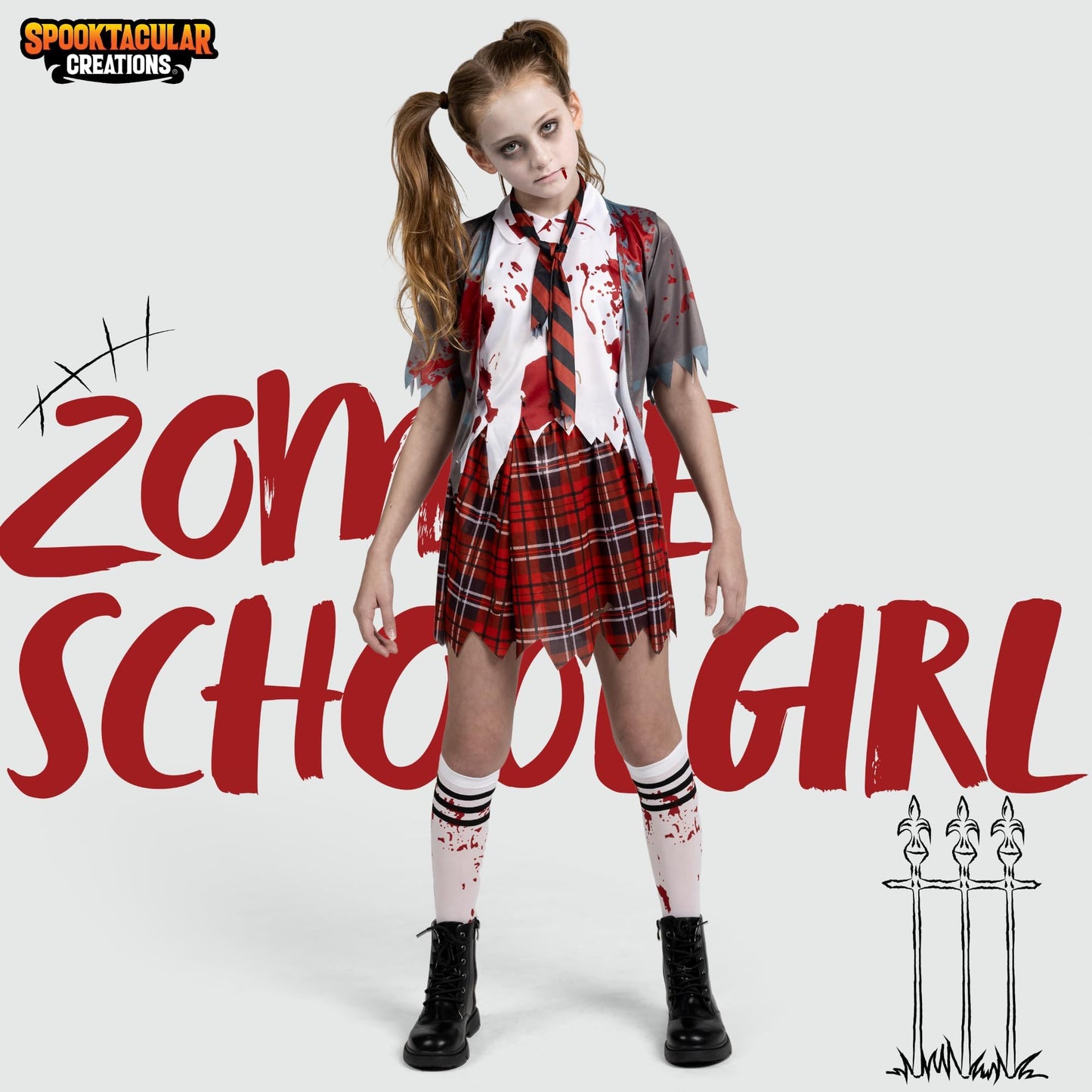 Spooktacular Creations Zombie Schoolgirl Costume  Halloween Girl Bloody Zombie Costume for Kids Halloween  School  Event Party Dress Up (Gray  X-Large(12-14 yrs))