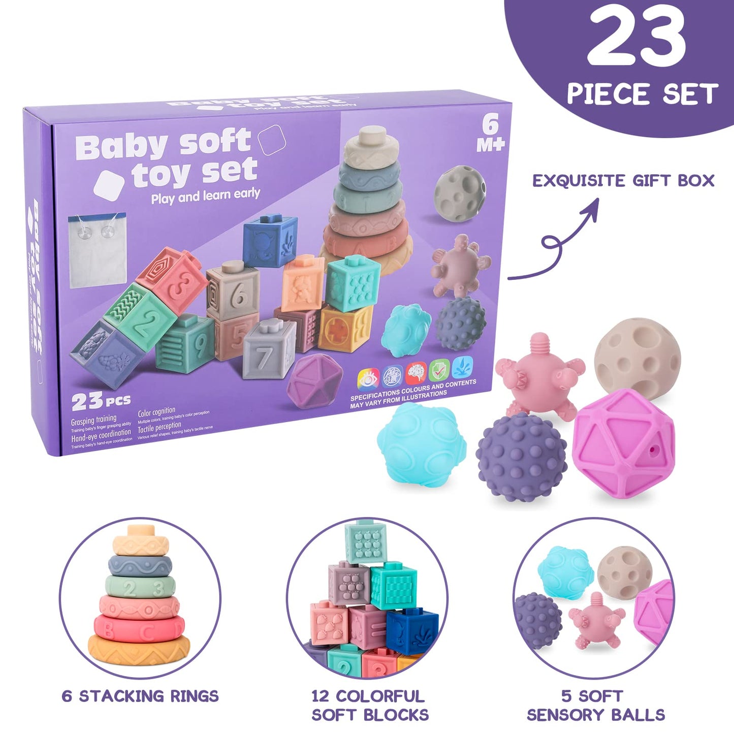 Umyqaq Baby Toys 6-12 Months, 3 In 1 Montessori Toys For Babies 6-12 Months, Incl Stacking Building Blocks & Soft Infant Teethin