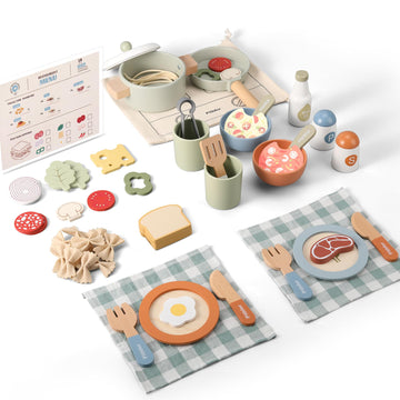 Pithfor Wooden Play Cooking Set, Pretend Play Kitchen Accessories Toys Set for Kids Toddlers, Including Play Dishes, Pot and Pan