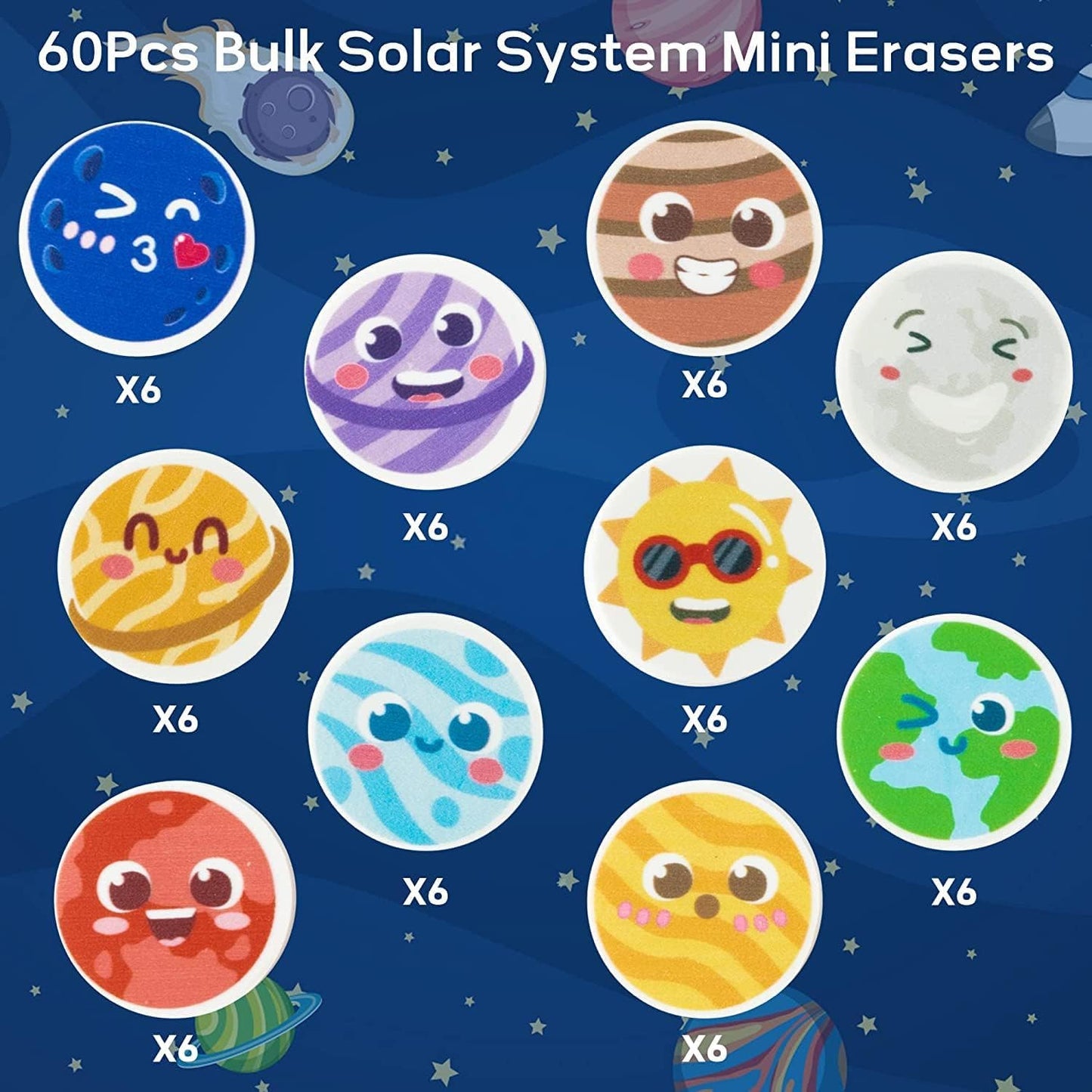 Haooryx Solar System Mini Eraser for Kids - 60Pcs Bulk Novelty Outer Space Pencil Eraser 3d Miniature Desk Puzzle Eraser for Stu