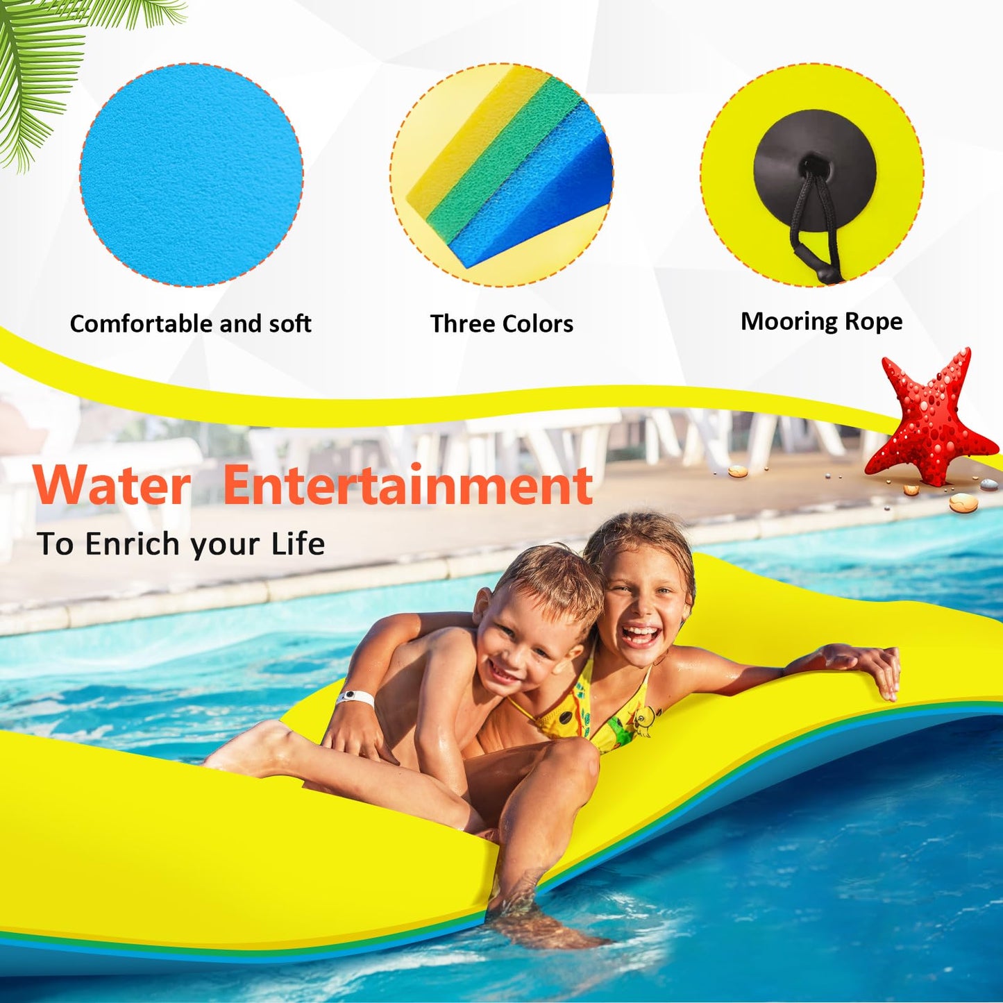 ZIPEAK Lily Pad Floating Mat - 10' x 5' Tear-Resistant XPE Foam, Yellow/Blue, with 16.4 FT Bungee Tether for Lake & Pool