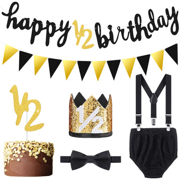 Spakon Glitter 18 Month Happy Birthday Banner Set Happy 1/2 Birthday Banner Glitter 1/2 Half Year Cake Topper Triangle Flag Banner 1/2 Birthday Crown Hat Bow Tie(Black)