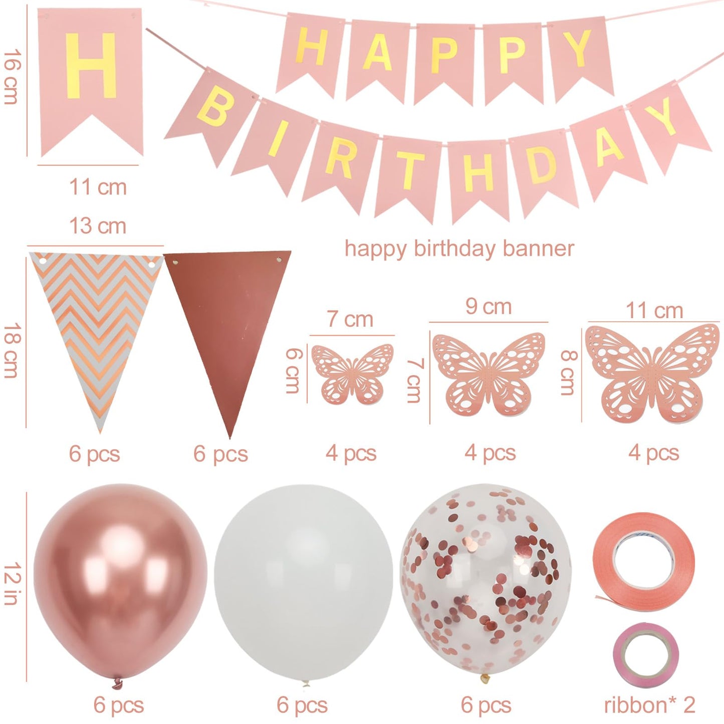 Rose Gold Birthday Decoration, 18 Pcs 12 Inch Happy Birthday Banner With Butterfly Stickers And Balloons For Girl And Women Happ