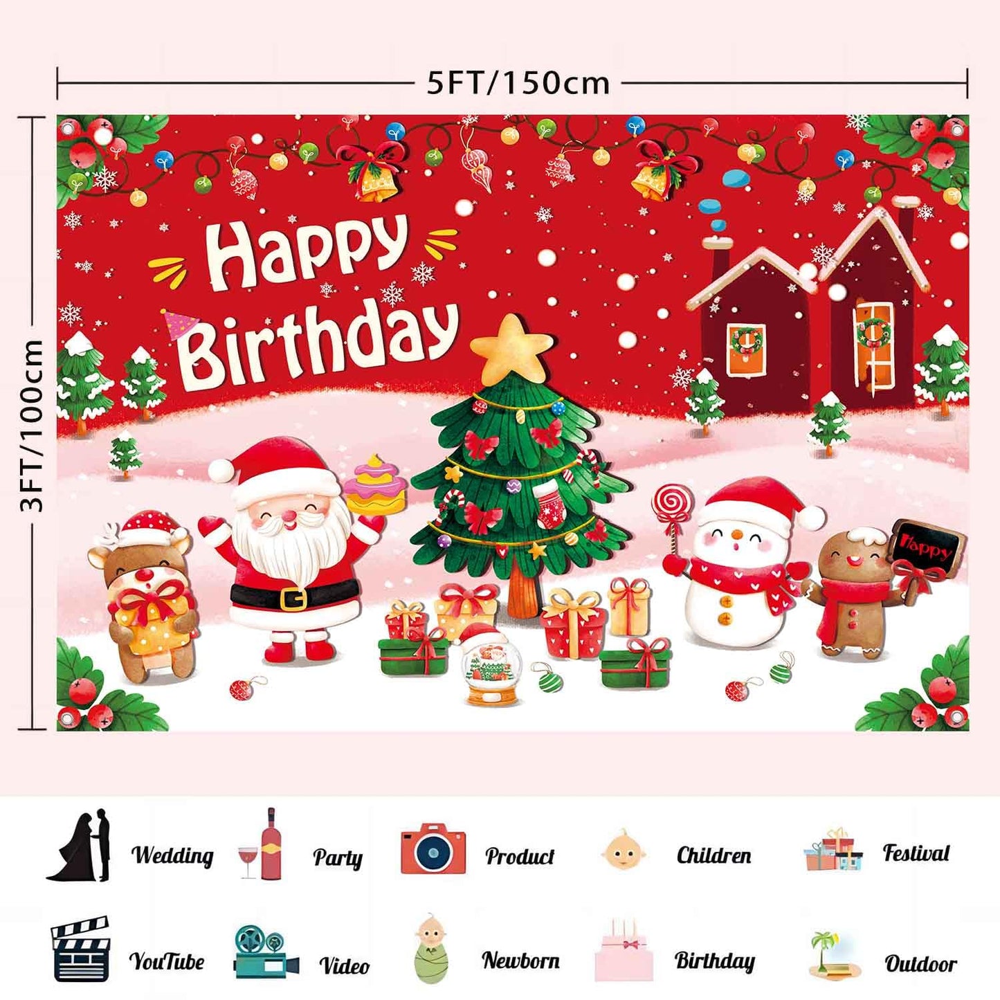LDWLYW Christmas Birthday Backdrop Happy Birthday Christmas Banner Backdrop for Girls Kids Red Christmas Birthday Party Decorati