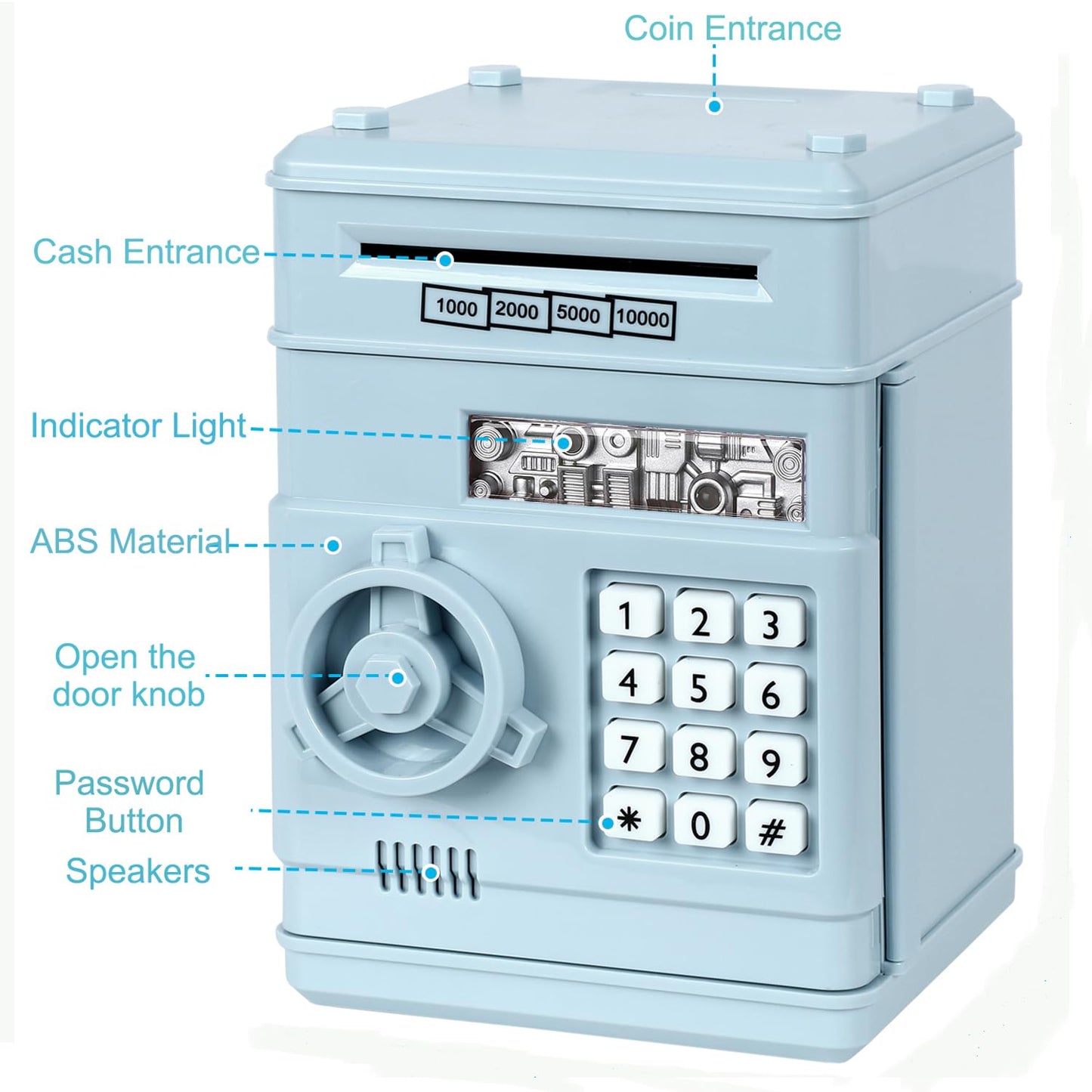 Adevena Electronic Piggy Bank, Mini Atm Password Money Bank Cash Coins Saving Box For Kids, Cartoon Safe Bank Box Perfect Toy Gifts For Boys Girls (Light Blue)