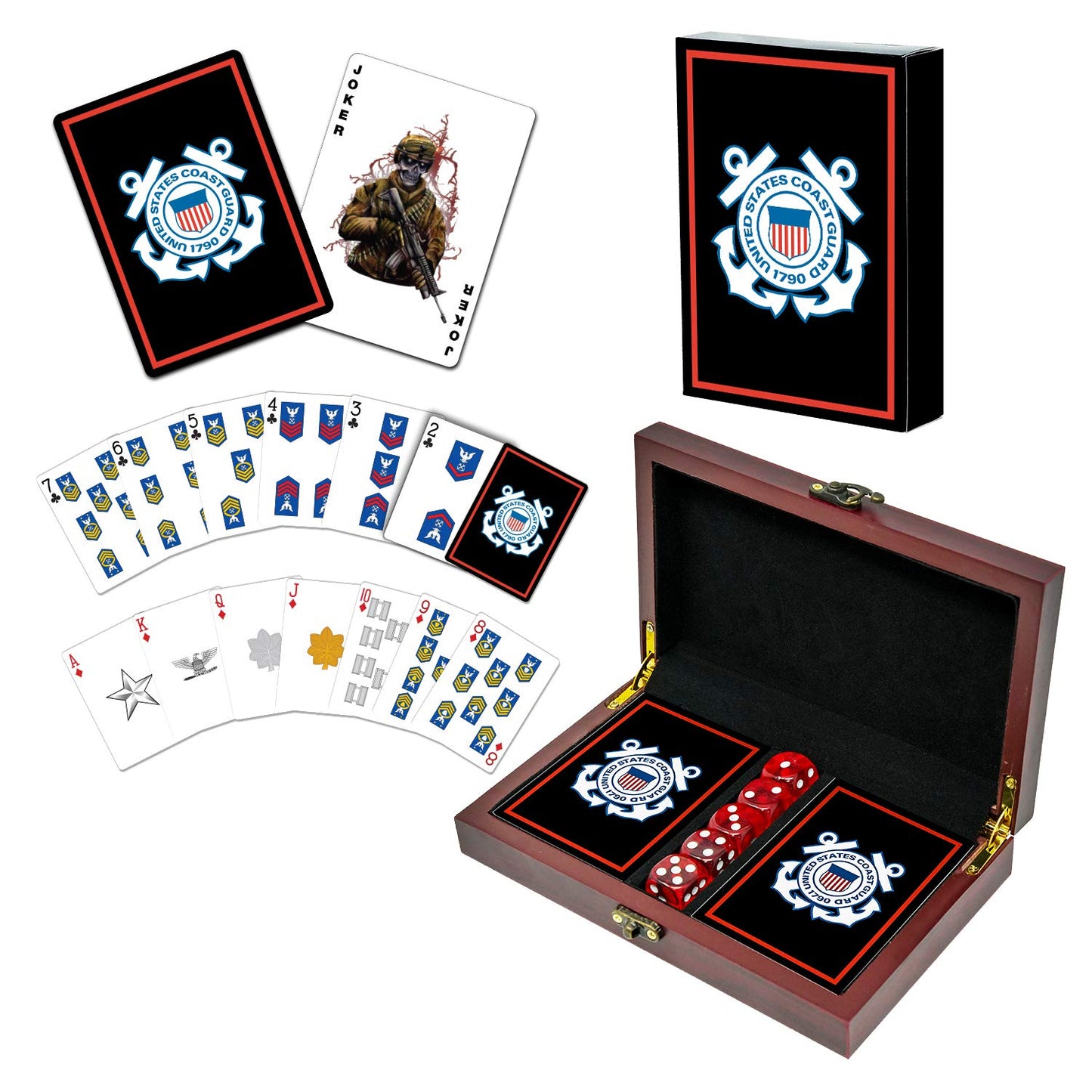 Military Gift Shop Uscg Playing Cards With Dice - Wooden Keepsake Box Adorned With Metal Uscg Medallion.- Veteran Owned Business