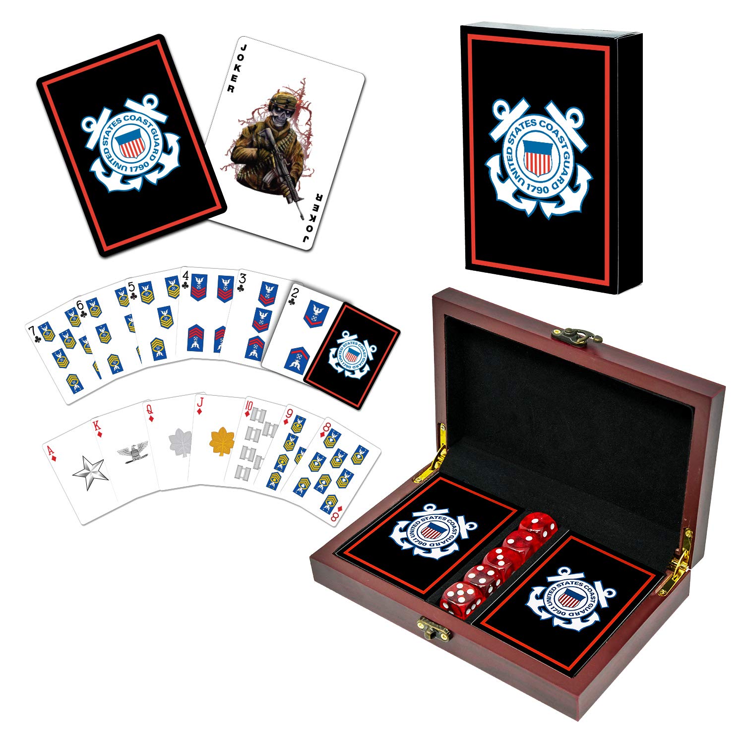Military Gift Shop Uscg Playing Cards With Dice - Wooden Keepsake Box Adorned With Metal Uscg Medallion.- Veteran Owned Business
