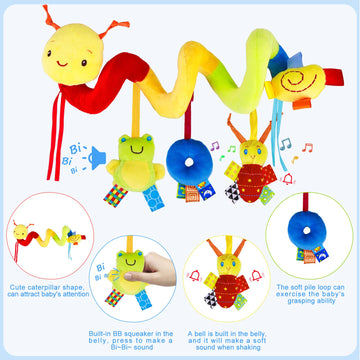 Baby Crib Hanging Rattles Toys - Infant Baby Worm Crib Bed Around Rattle Bell Cartoon Insect Spiral Hanging Toy With Ringing Bell For Infants Bed Stroller Car Seat Bar For Babies Boys And Girls