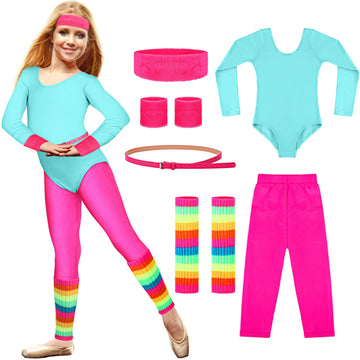 Hicarer 5 Pcs Kids 80S Workout Costume Outfit Accessories Set, Neon Leotard Legging Headband Wristband Leg Warmers Belt(2-3 Year