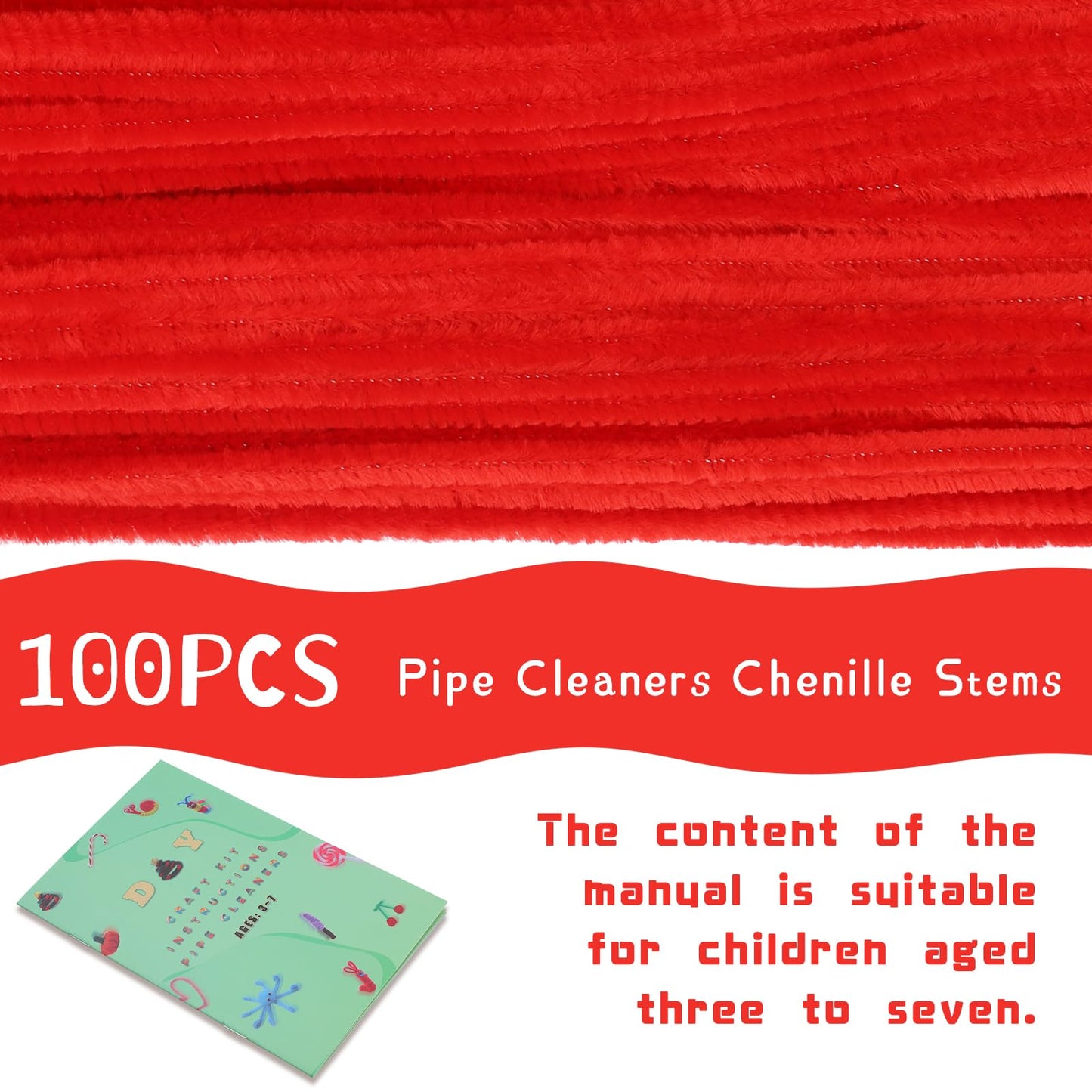 Giwrmu 100 Pieces Pipe Cleaners Chenille Stem, Red Pipe Cleaners Craft, Fuzzy Sticks Craft Supplies, Colored Pipe Cleaner for Cr