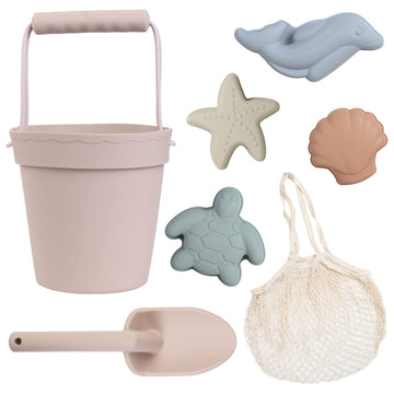 BLUE GINKGO Modern Baby Toys  Travel Friendly Beach Set  Silicone Bucket, Shovel, 4 Sand Molds, Bag  Sand Toys for Toddlers, Kid