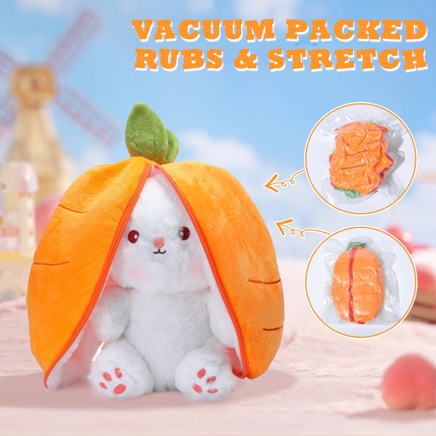 Miaodam Reversible Carrot Bunny Stuffed Animal, Carrot Rabbit Ears Zip Plush Stuffed, Fruit Bunny Plush In A Carrot, Fluffy Rabbit Plushies Funny Hide Seek Bunny Toy For Girls Gifts Girlfriend