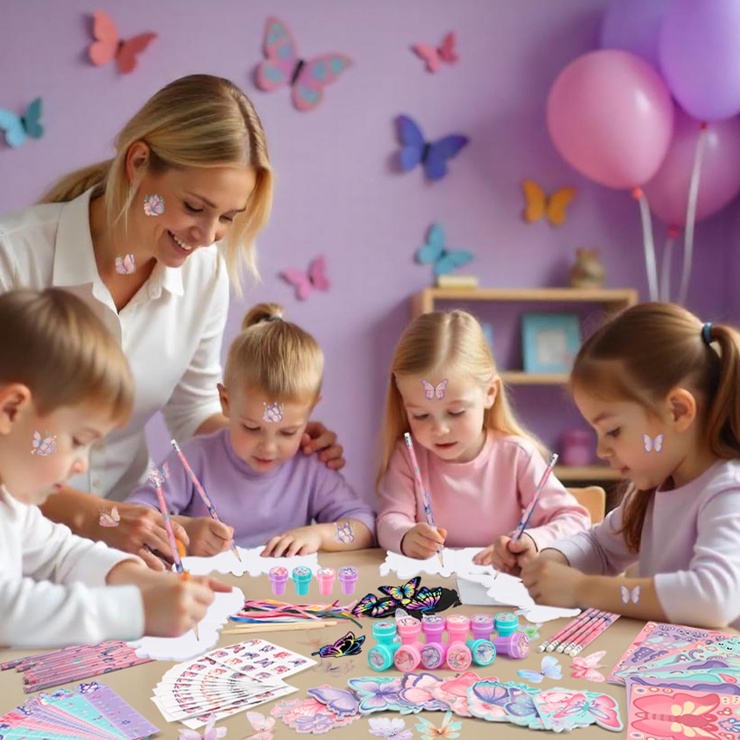 BenLouis 108Pcs Butterfly Party Favors Butterfly Fairy School Stationery Set Bulk for Kids Spring Flower Tea Birthday Birthday G