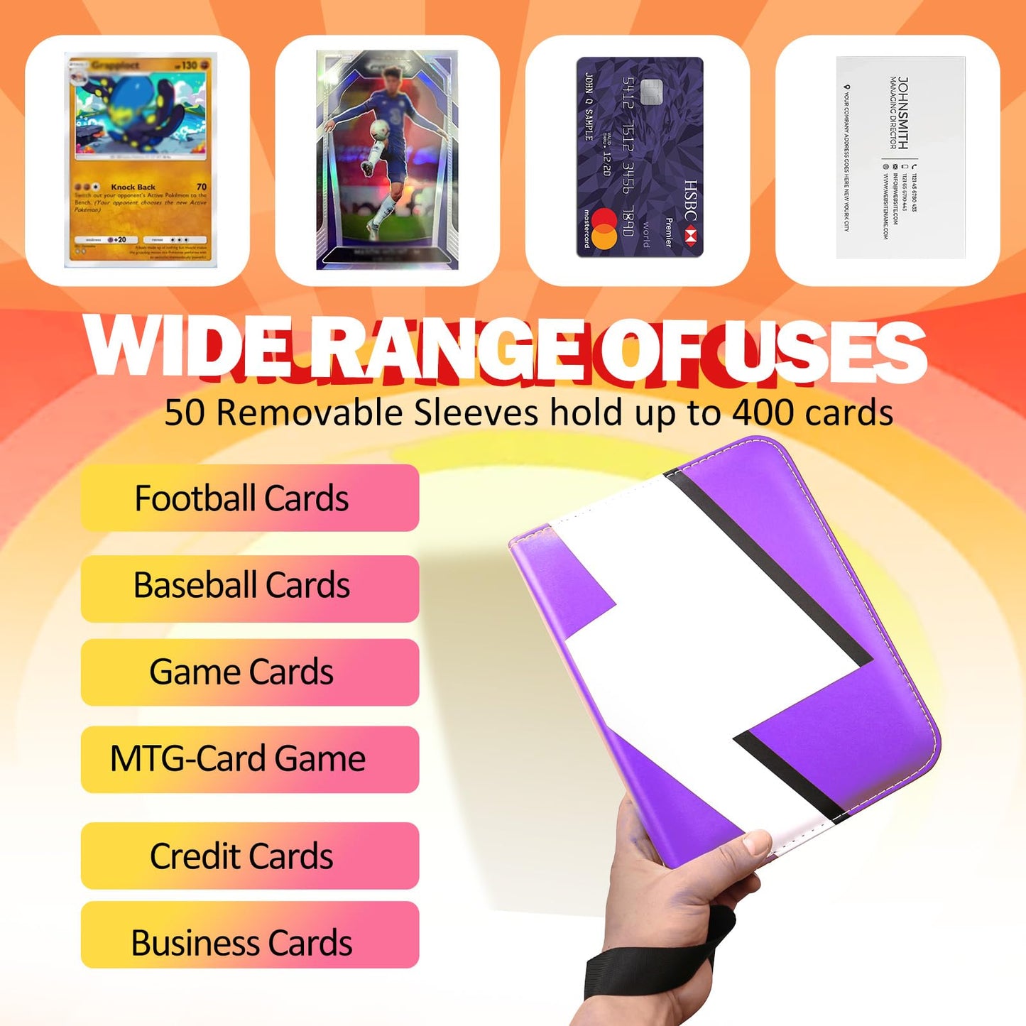Card Binder 4 Pocket Trading Game Collection Album with 50 Removable Sleeves  enhanced PU Holder Zipper  Trading Card Book Holder for Game Cards  Sports Cards  Baseball  Basketball  Football Cards