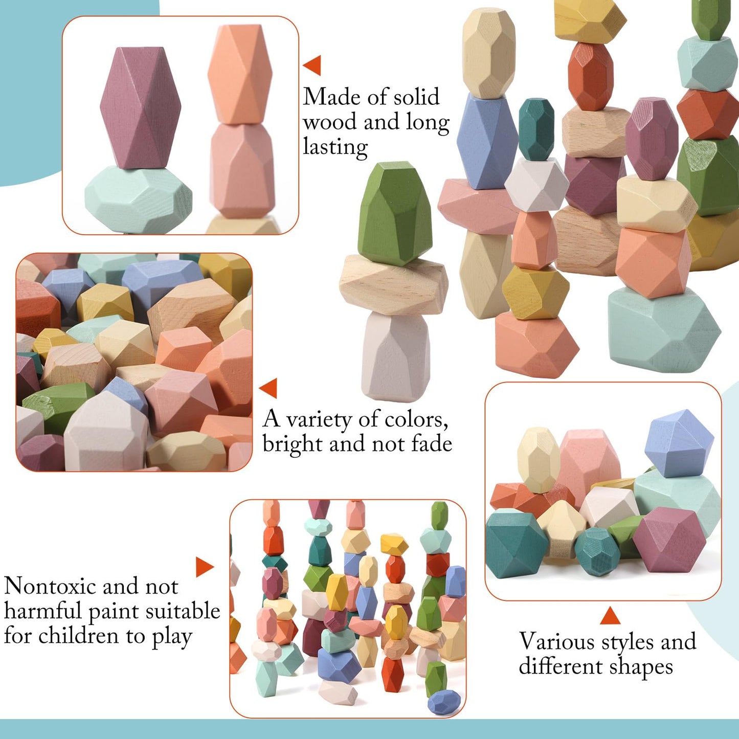 Jenaai 60 Pcs Stacking Rocks Montessori Toys For 1+ Year Old Colorful Wooden Balance Stones Baby Easter Basket Stuffers Blocks S