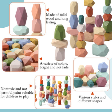 Jenaai 60 Pcs Stacking Rocks Montessori Toys For 1+ Year Old Colorful Wooden Balance Stones Baby Easter Basket Stuffers Blocks S