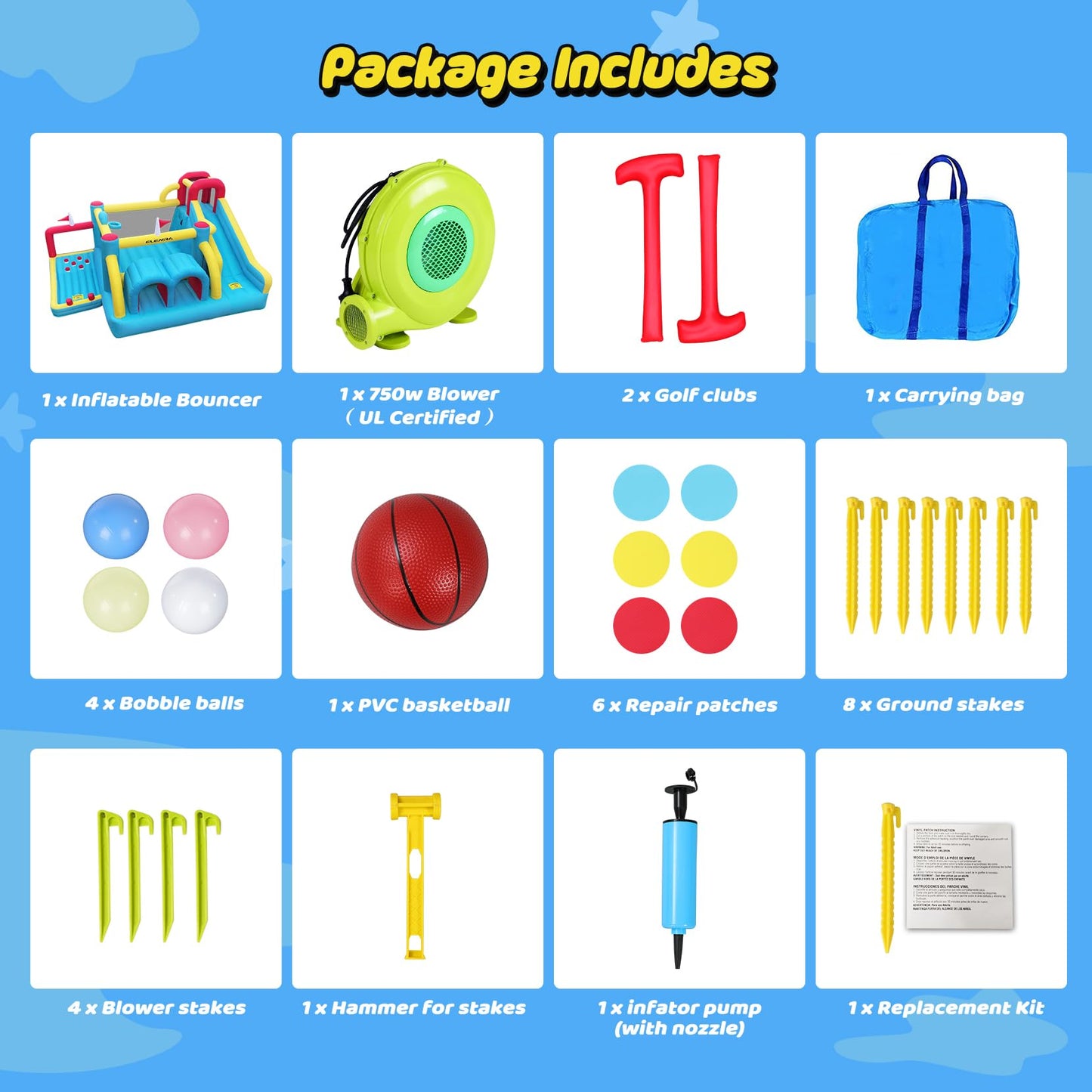 Elemara 7 In 1 Big Inflatable Bounce House, 15X12’Xl Golf Inflatable Bouncer With 750W Blower, Bouncy House With Slide,Golf Area,Bouncer,Tunnels,Climbing Wall, Jumping Castle, Holds 6 Kids