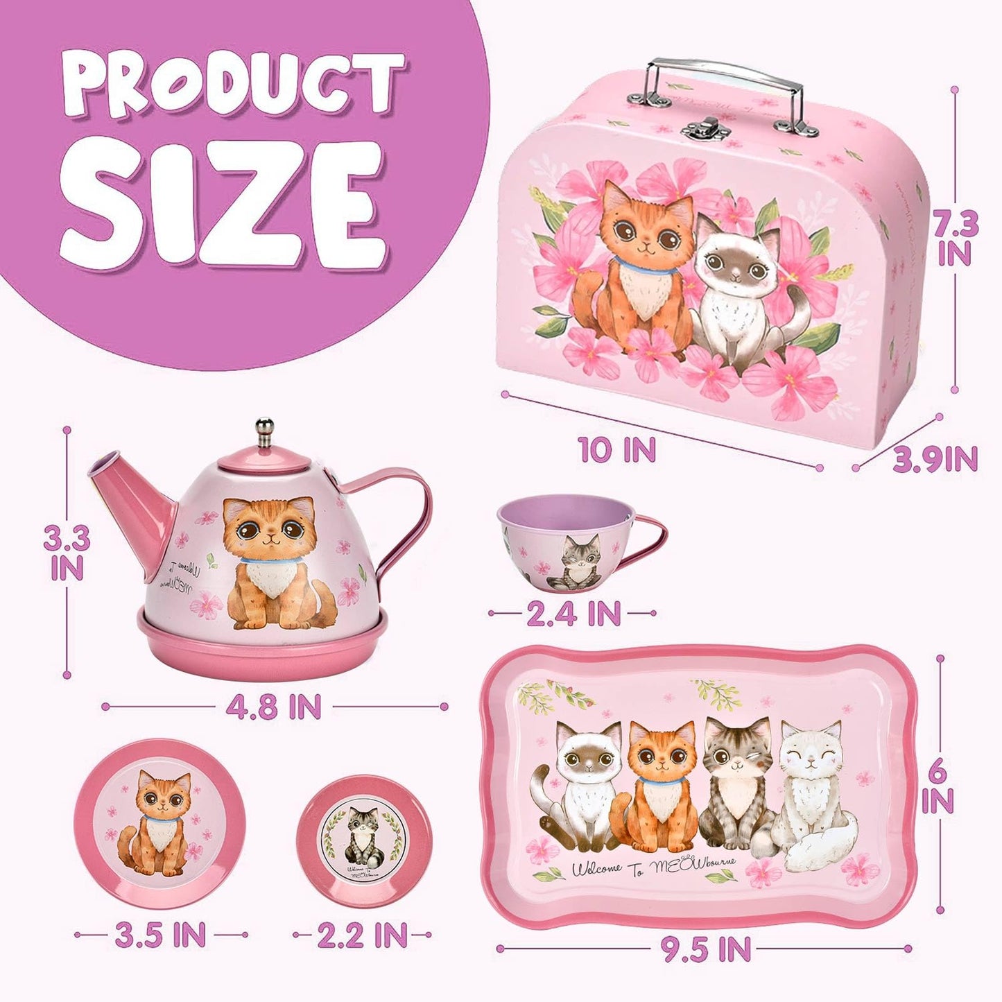 Lajeje Cat Tea Party Set for Little Girls - 19pcs Pretend Play Toy, Birthday Gift for Toddlers Ages 3 4 5 6 Year Old, Includes K