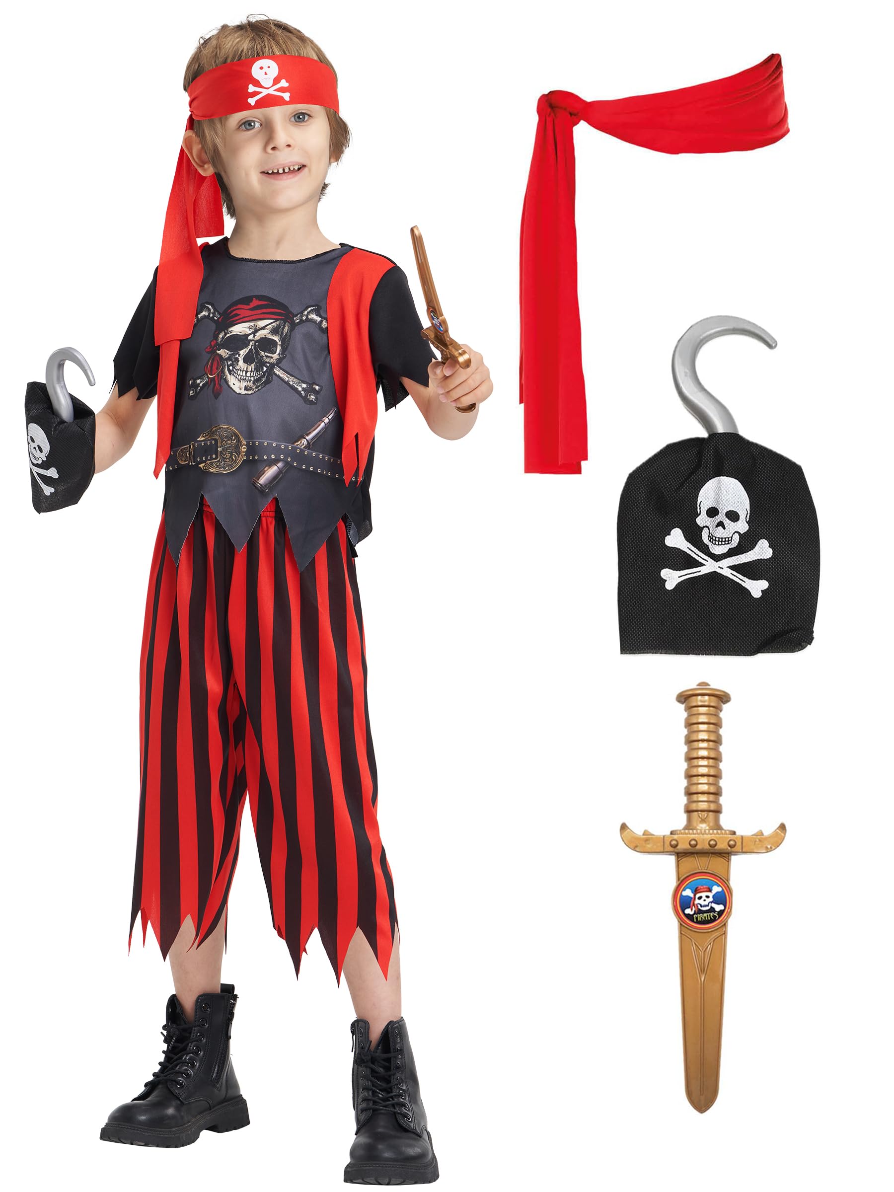 IKALI Kids Pirate Costume With Accessories  Halloween Birthday Party Gift Pirate Dress up Outfit for Toddlers Boys