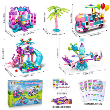 Hogokids Girls Theme Park Building Set - 638 Pieces Friends Ice Cream Truck Building Block Kit 4 In 1 Model Princess Water Park Slide Toys For Kids Girls Boys Aged 6 7 8 9 10 Years Old
