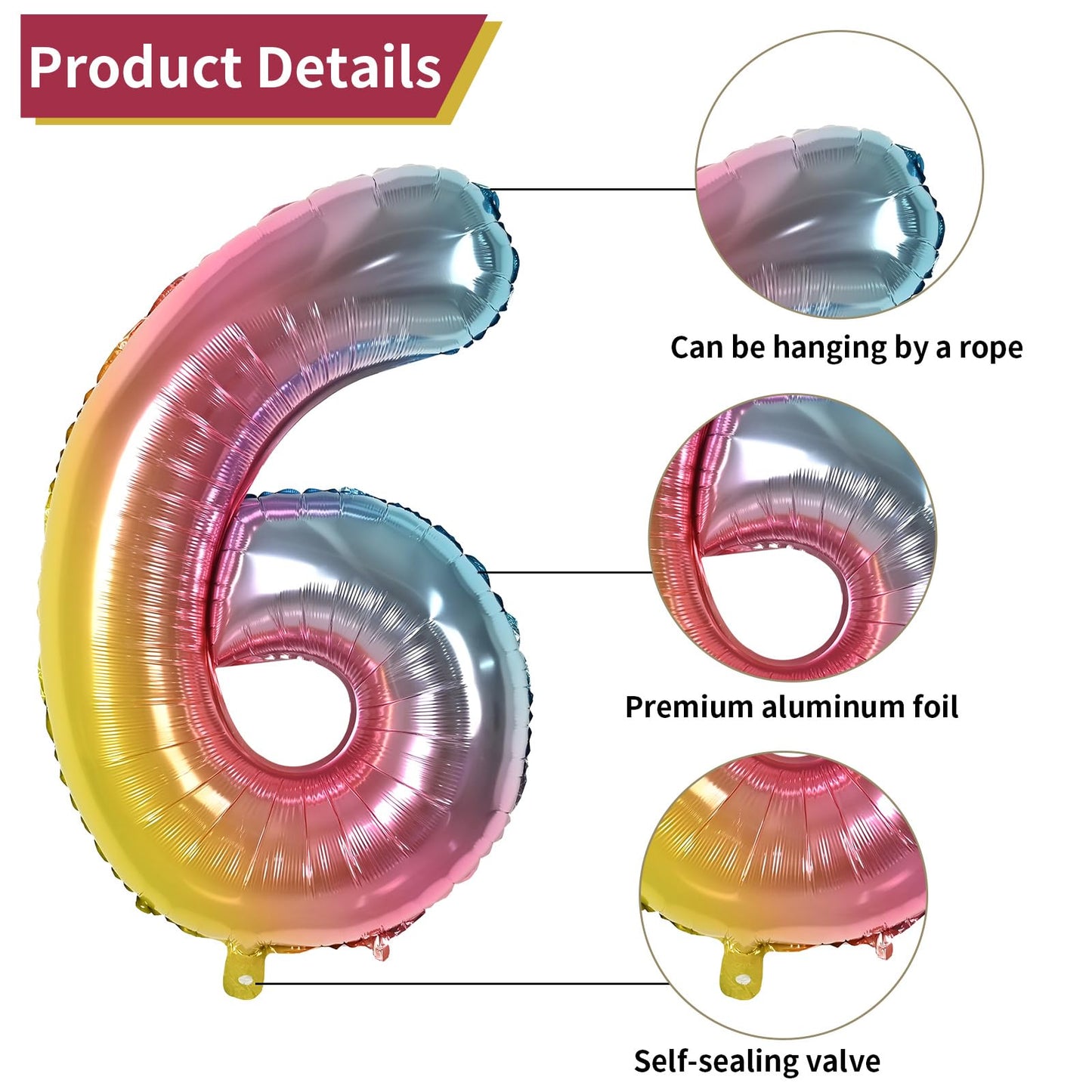 Biapian 40 Inch Rainbow Number 6 Balloons, 7Pcs Gradient Large 6Th Birthday Balloons With 18'' Foil Heart Balloon Helium For 6Th