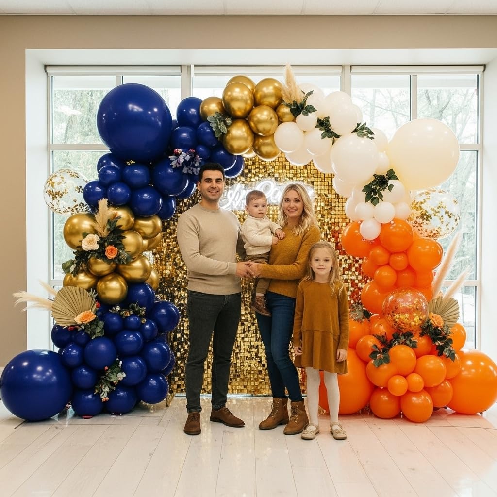 iHomlusion Blue Orange Ivory Balloon Garland Kit - Navy Double Stuffed Arch with Gold & Confetti Balloons, 18”/12”/5” Sizes