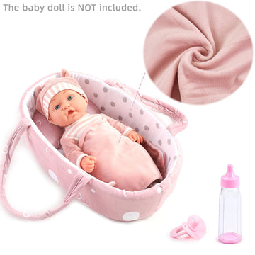 Enjoyin 8 Pcs Baby Doll Accessories Set Includes Feeding Bottle, Pacifier, Blanket, Pillow, Tablewares And Bassinet Carrier For 9'' To 12'' Dolls