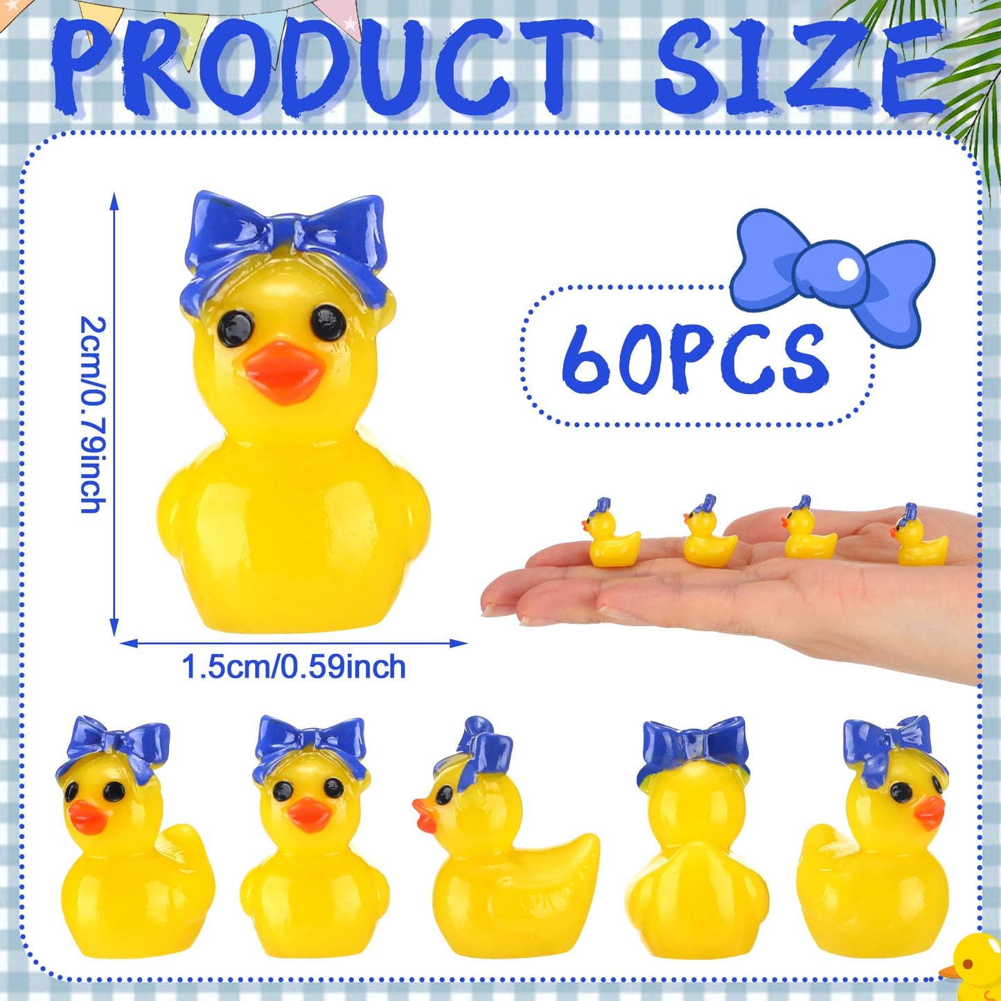 Weysat Mini Cheer Resin Ducks - 60 Pcs Blue Bow Figurine, 0.79" Decorative Centerpieces for Cheerleader Gifts, Yellow/Blue
