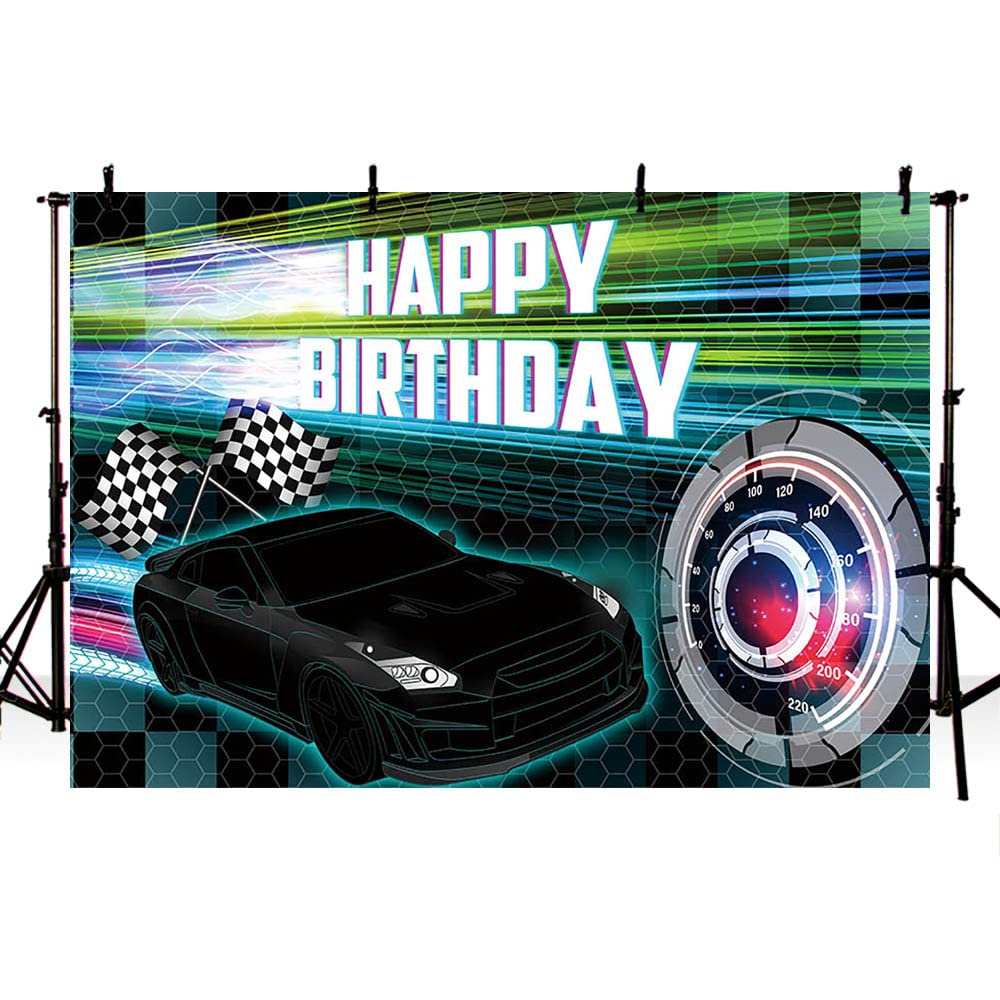 MEHOFOND Racing Birthday Backdrop, 7x5ft Vinyl Party Decor, Black Race Car Theme for Boys