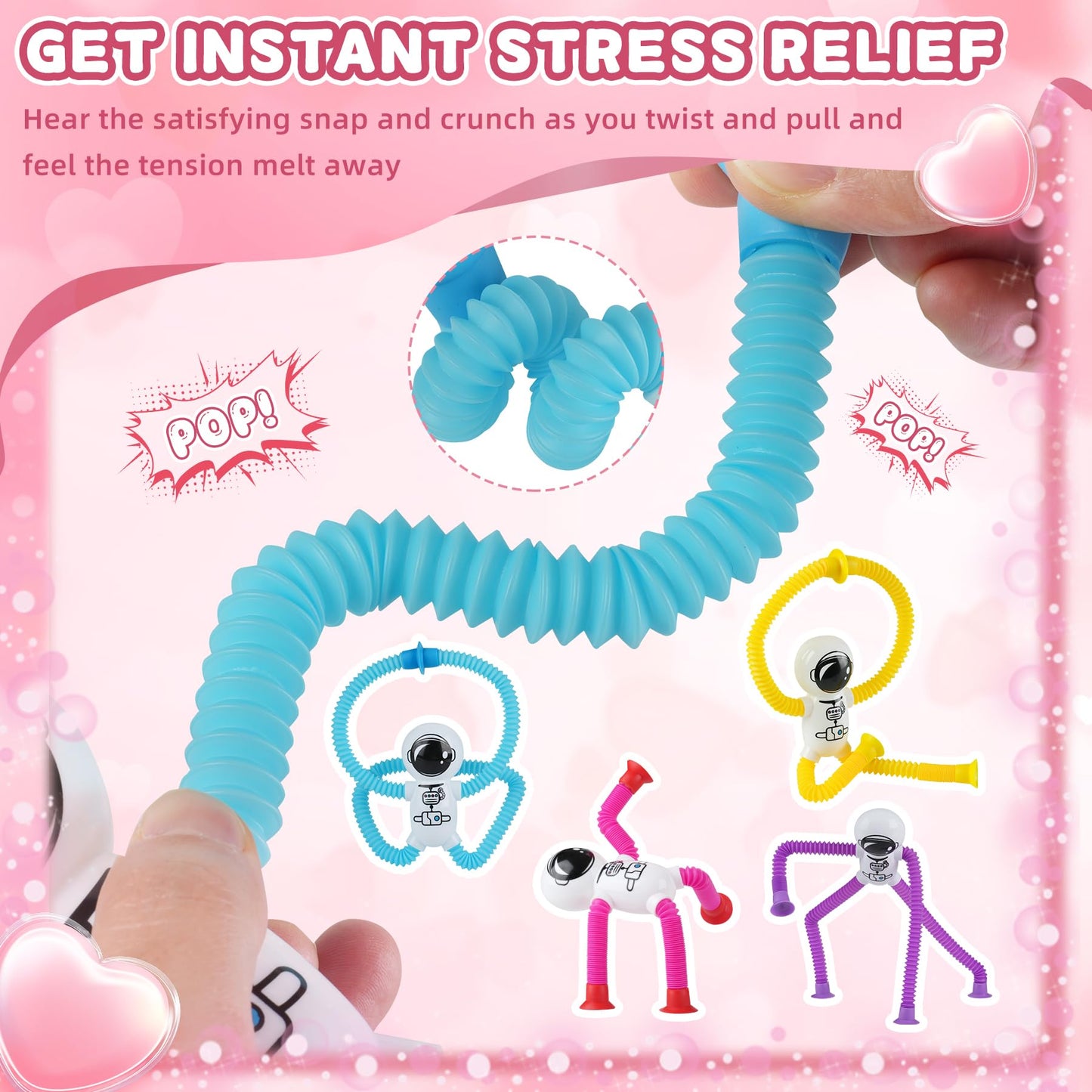 Eowvsio 4Pcs Valentines Day Gifts For Kids,Astronaut Pop Tubes Valentines Fidget Toys,Autistic Travel Valentines Toys,Valentine