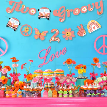 Ushinemi Two Groovy Party Decorations, Hippie Two Groovy Hanging Banner With Boho Garland, Retro Hippie Decor For Kids Girls