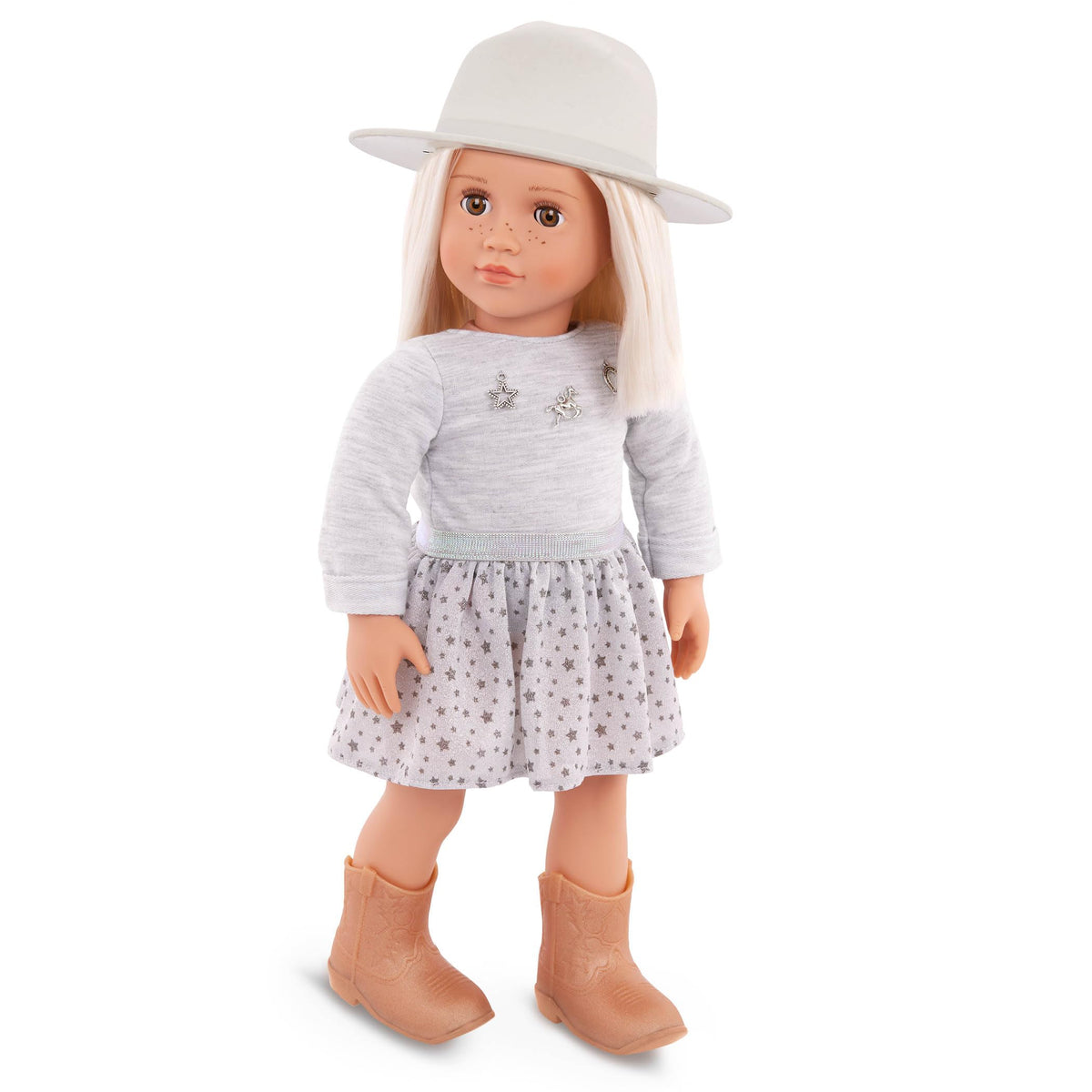Our Generation  18inch Fashion Doll  Lifelike Hazel Eyes & Long PlatinumBlonde Hair  Equestrian Sweater Charms & Brim Hat 