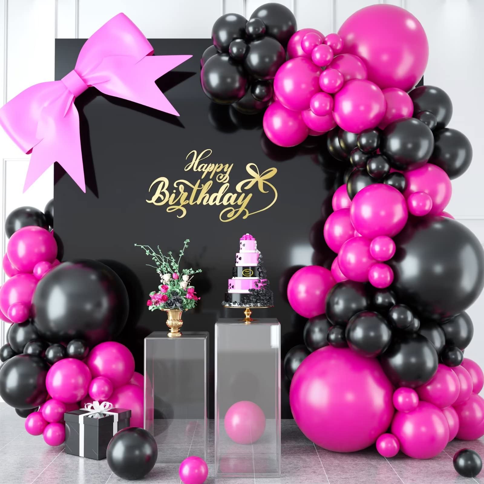 Hot Pink And Black Balloon Arch Kit, Hot Pink Black Balloon Garland Kit, Rose Red Black Latex Balloons Different Sizes For Women'S Birthday Decorations Wedding Baby Shower Engagement Party Supplies